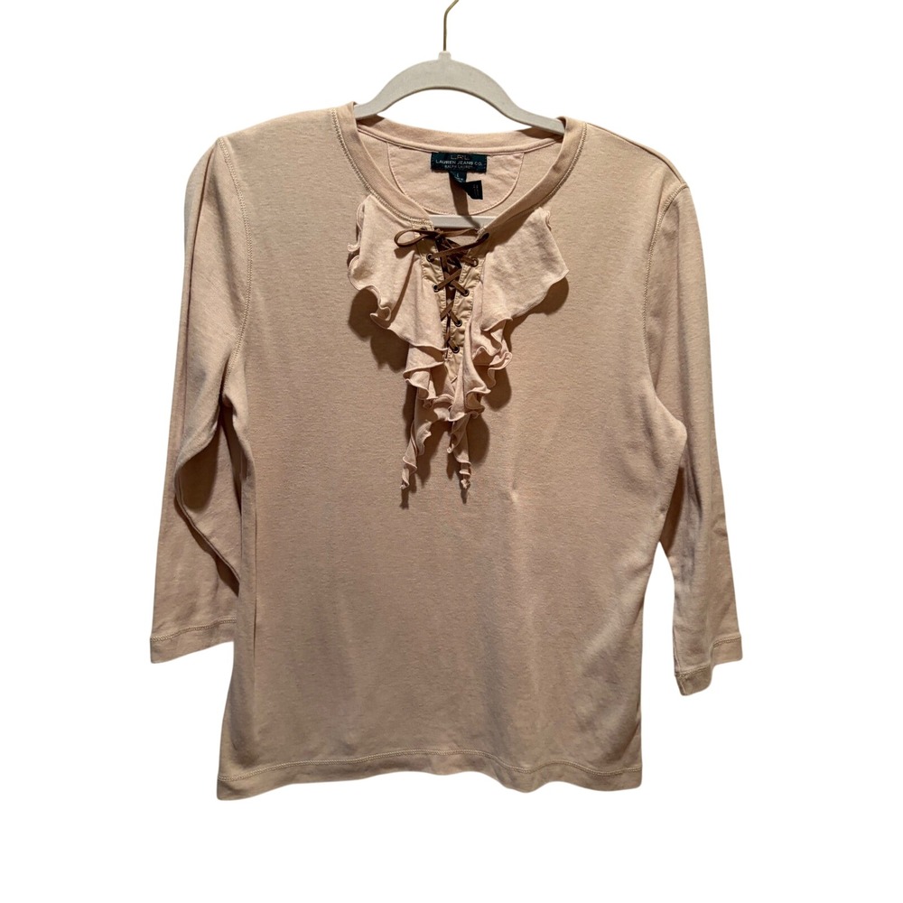 Lauren Ralph Lauren‎ Tan Ruffle Lace Up Top Womens Large 3/4 Sleeve Cotton Blend